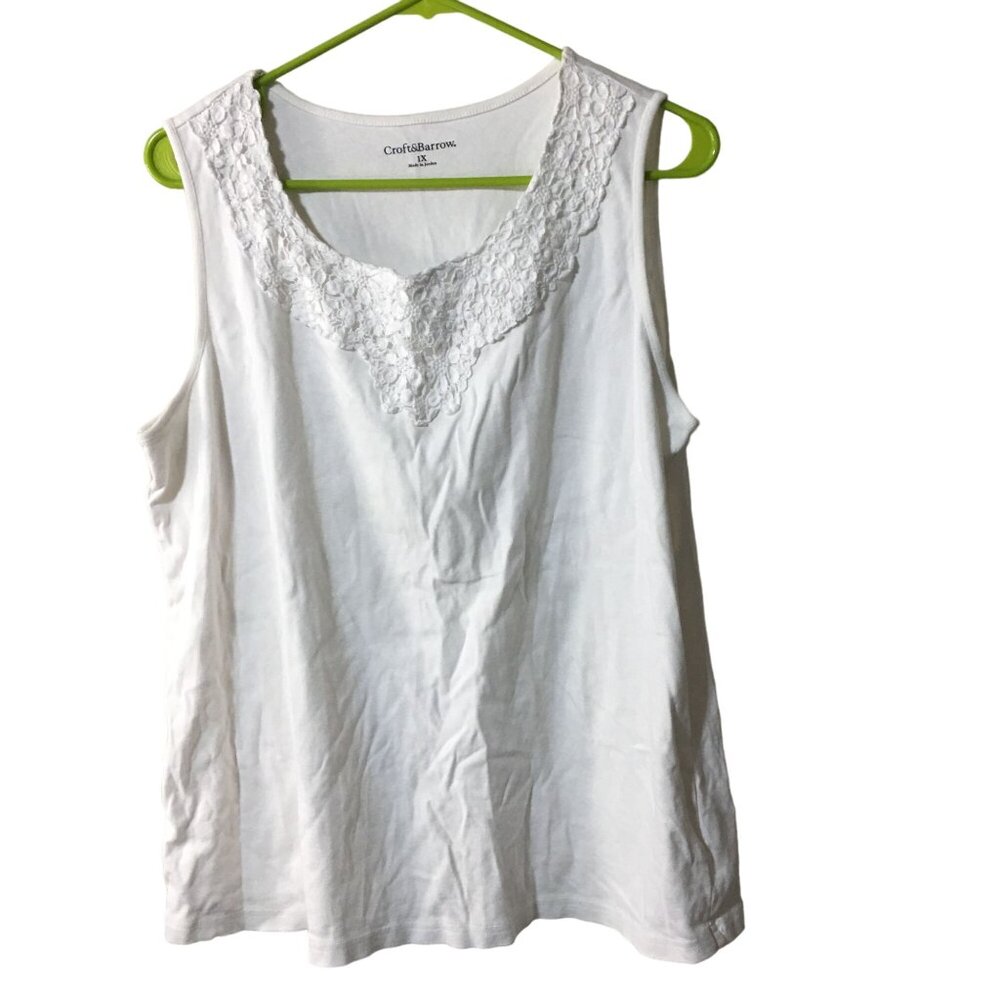 CROFT & BARROW WHITE TANK TOP CROCHET EMBROIDERED ROUND NECK WOMENS 1X